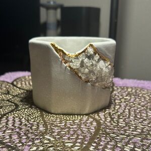 Decorative White Crystal Geode Ceramic Planter with Gold Trim
